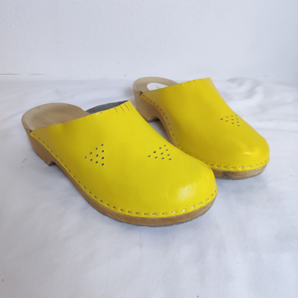 Wooden Swedish Clogs Yellow Cut Out Leather Handmade in Europe EU 40 Scandi Girl